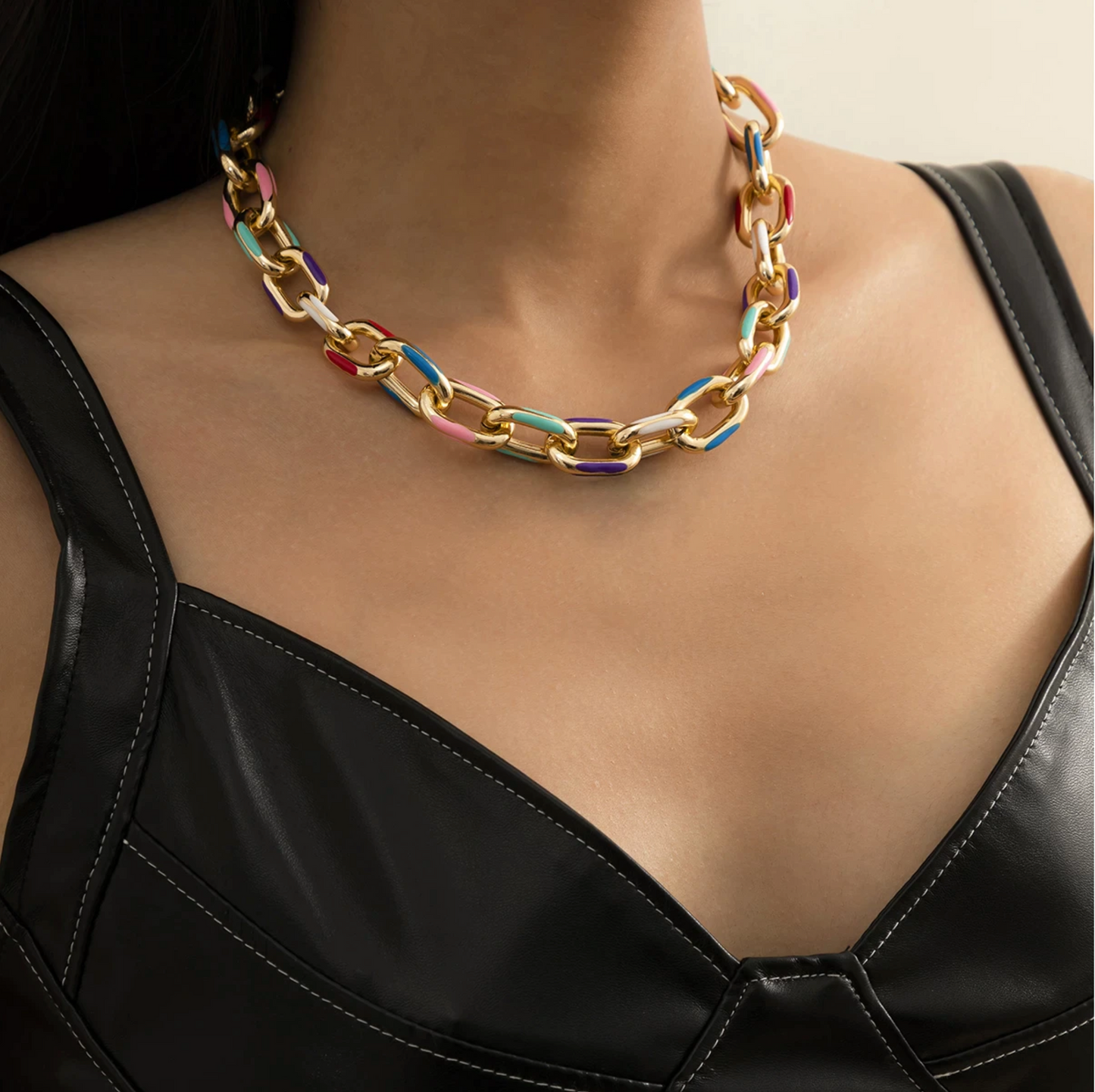 Goldtone Multi Colored Chain Link Necklace