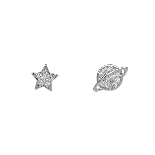 Sterling Silver Cubic Zirconia Star And Planet Asymmetrical Stud Earrings