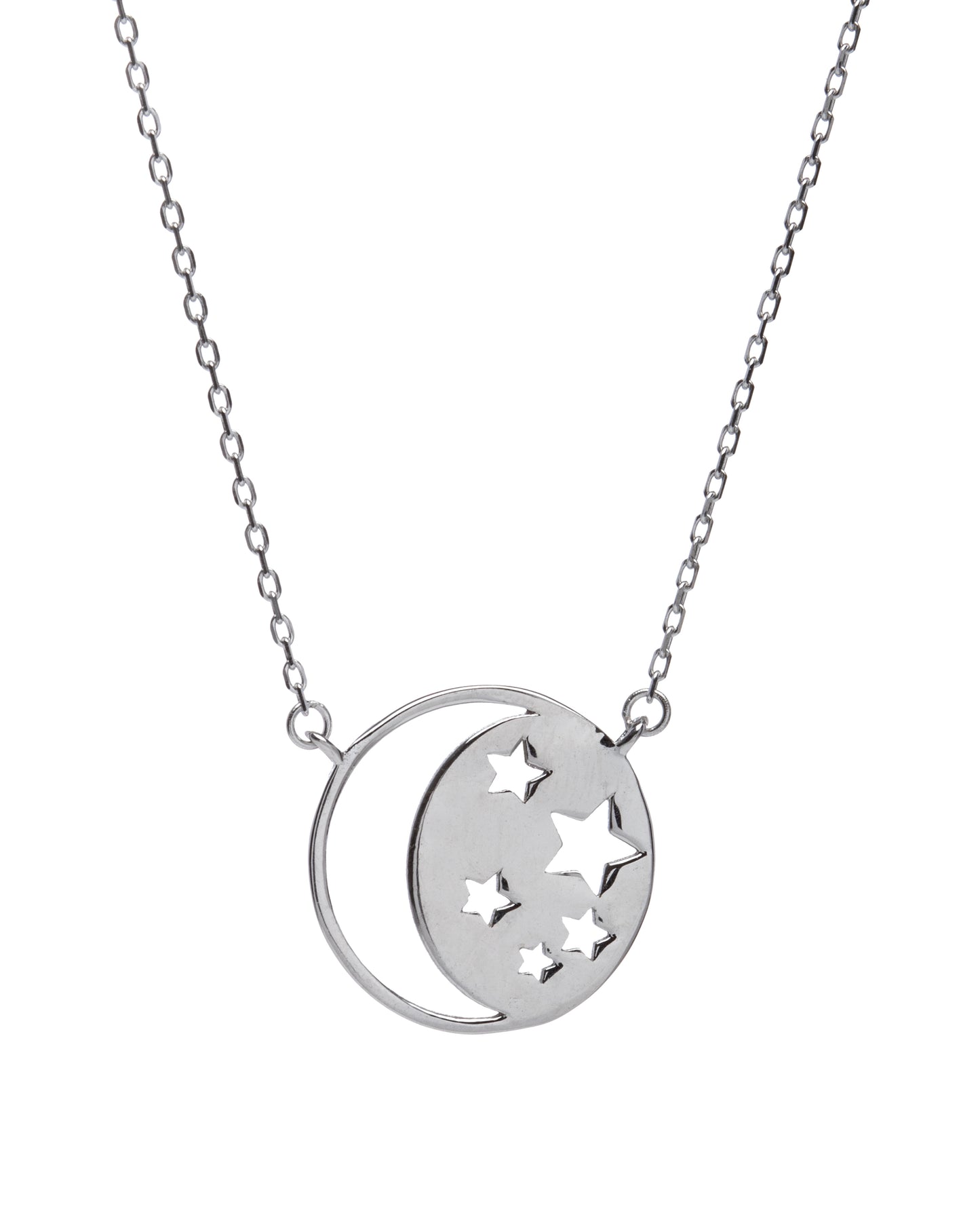 Sterling Silver Moon Star Circular Pendant Necklace