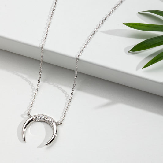 Sterling Silver Cubic Zirconia Crescent Moon Pendant Necklace