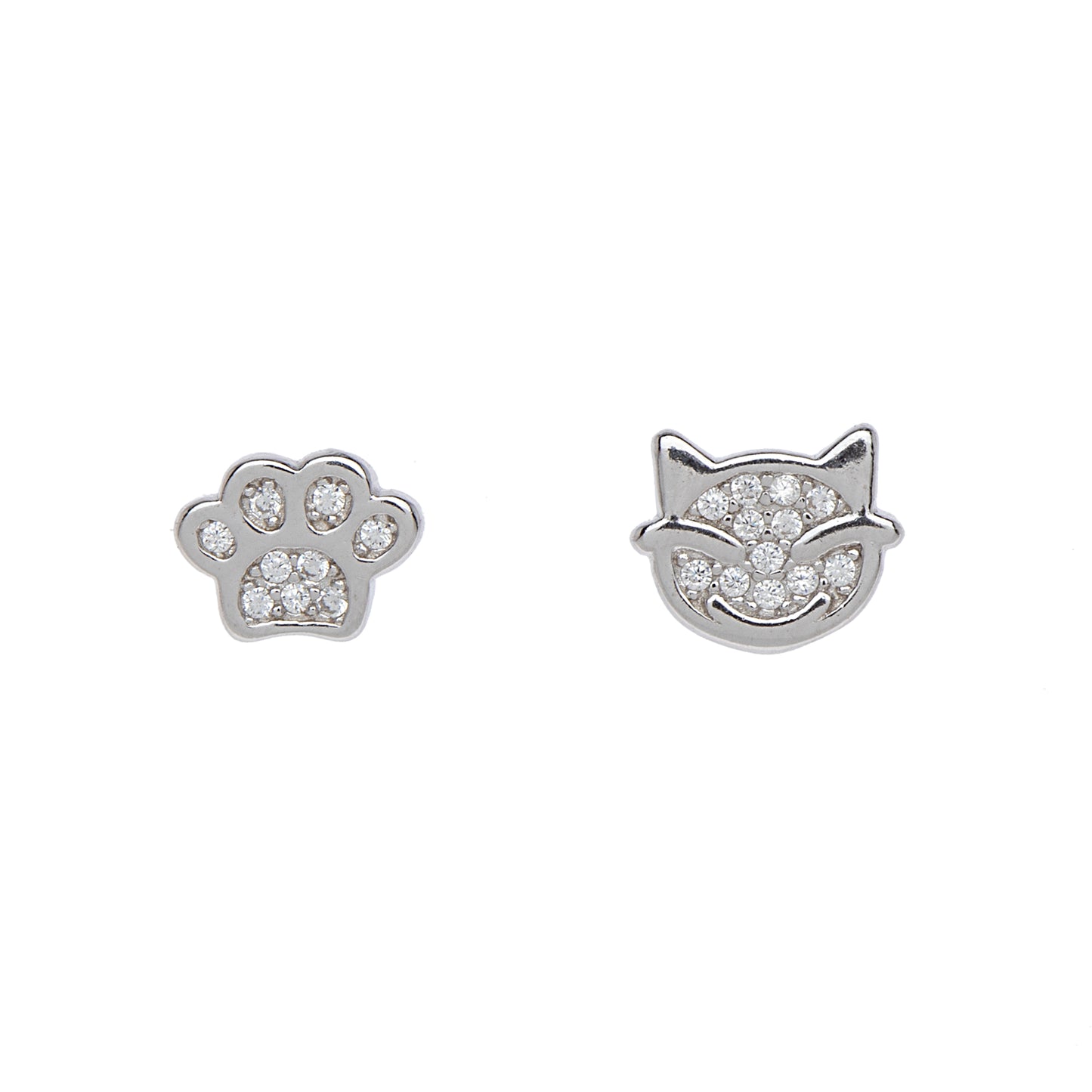 Sterling Silver Cubic Zirconia Cat Paw Asymmetrical Stud Earrings