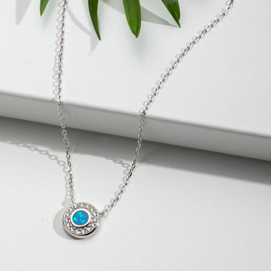 Sterling Silver Blue Lab Opal Cubic Zirconia Halo Pendant Necklace