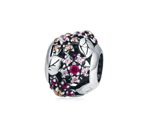 Sterling Silver Pink Cubic Zirconia Floral Charm Bead