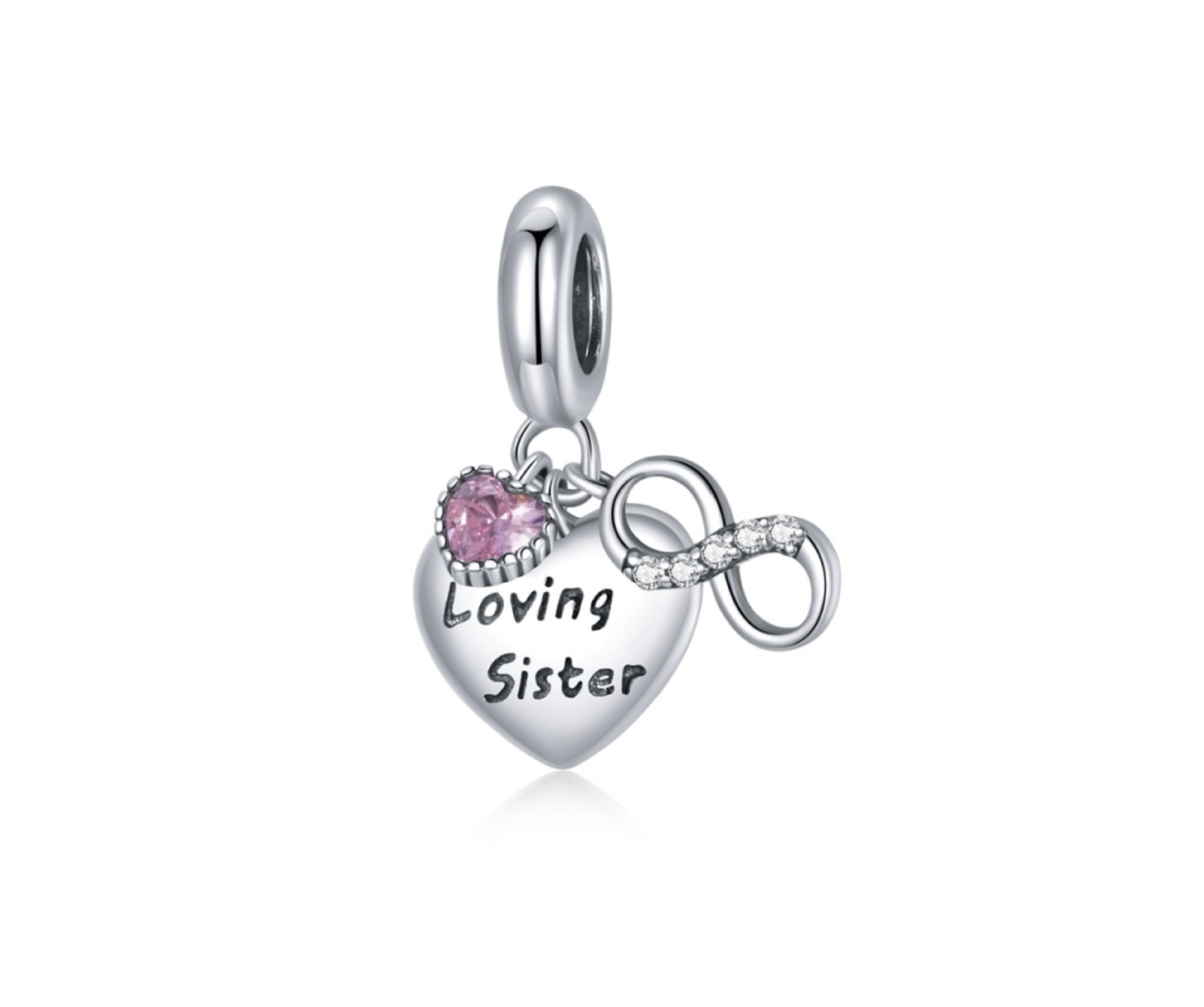 Sterling Silver Pink Heart Infinity Sign Loving Sister Dangle Charm