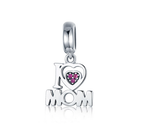 Sterling Silver Pink Cubic Zirconia I Love Mom Dangle Charm