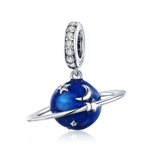 Sterling Silver Blue Planet With Cubic Zirconia Detail Charm
