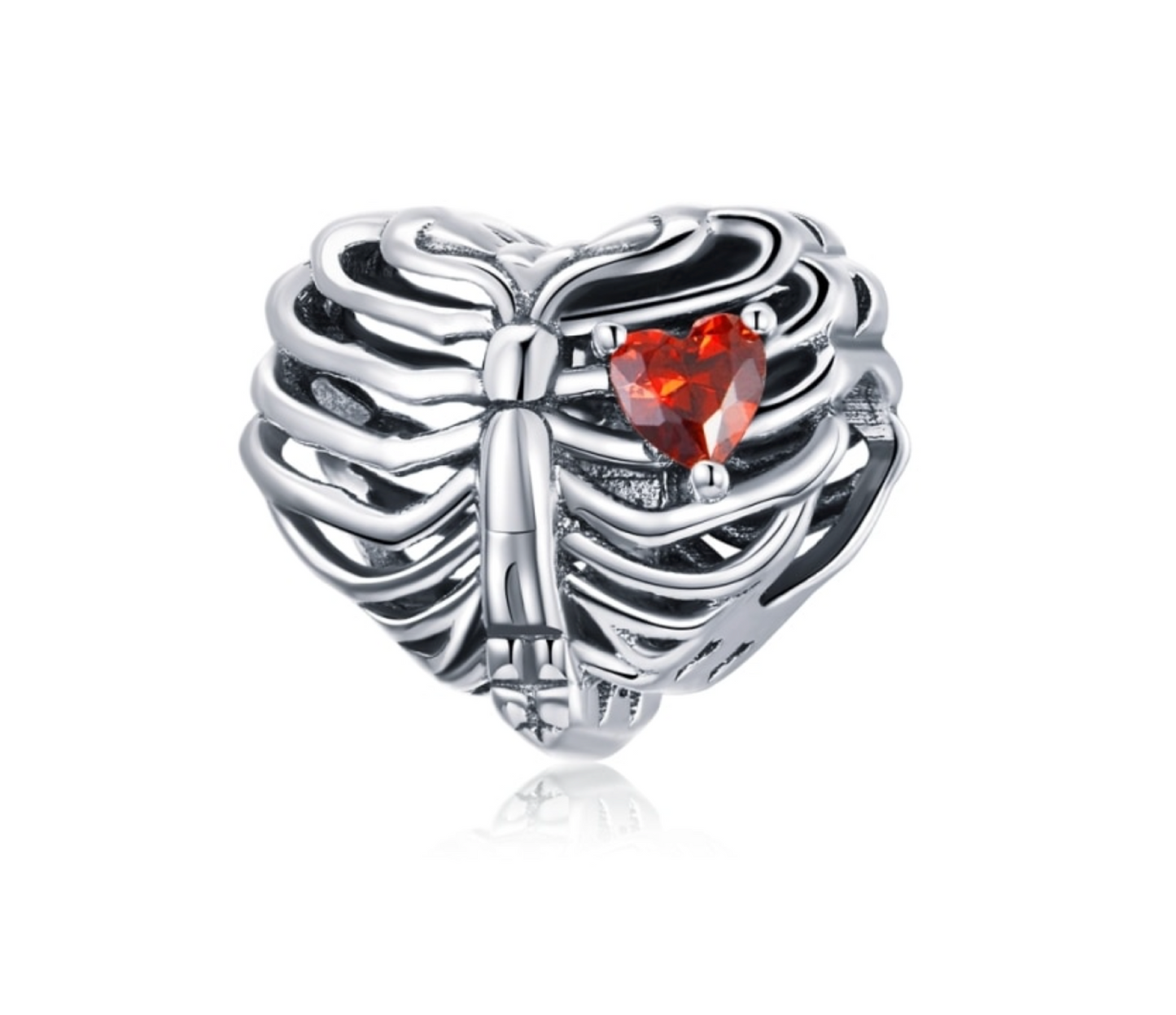 Sterling Silver Anatomical Heart Red Cubic Zirconia Charm