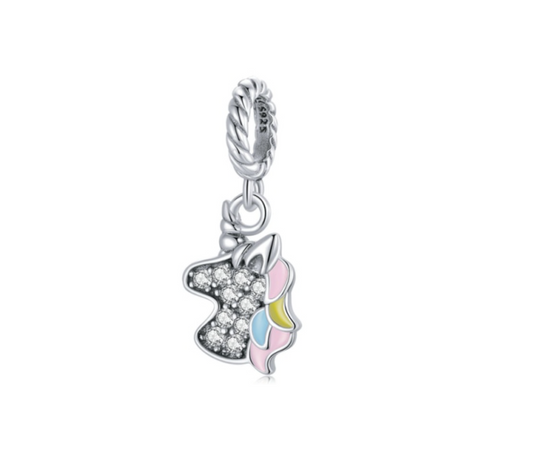 Sterling Silver Cubic Zirconia Pastel Unicorn Dangle Charm