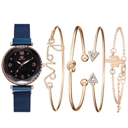 Blue Crystal Two-tone Love Cactus Bracelet Set Watch