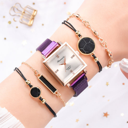 Purple Goldtone Square Faux Leather Strap Watch And Bracelet Set