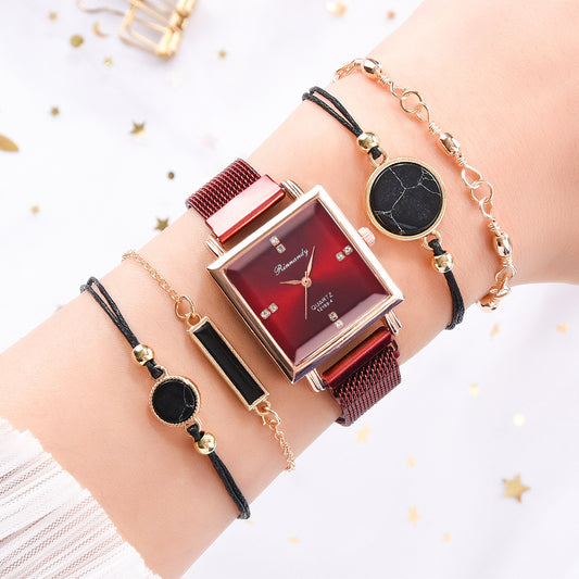 Red Crystal Goldtone Marbled Geometric Watch And Bracelet Set