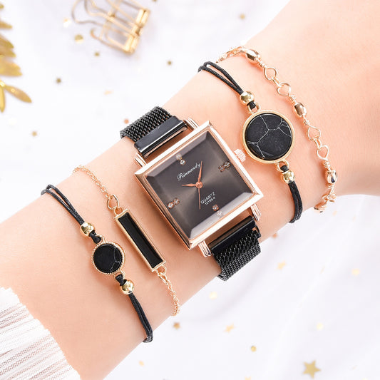 Black Crystal Goldtone Marbled Geometric Watch And Bracelet Set