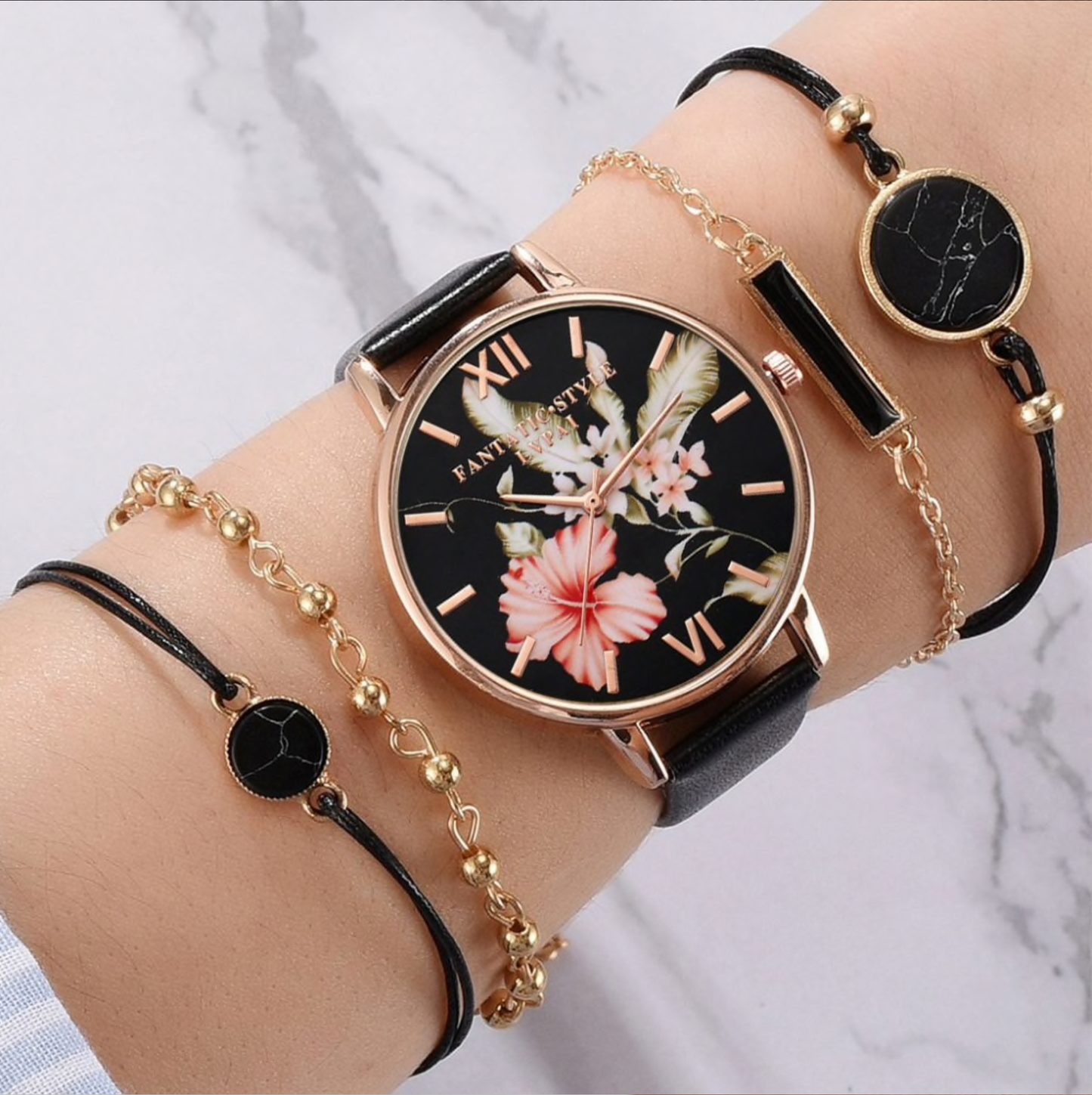 Black Floral Goldtone Watch And Bracelet Set