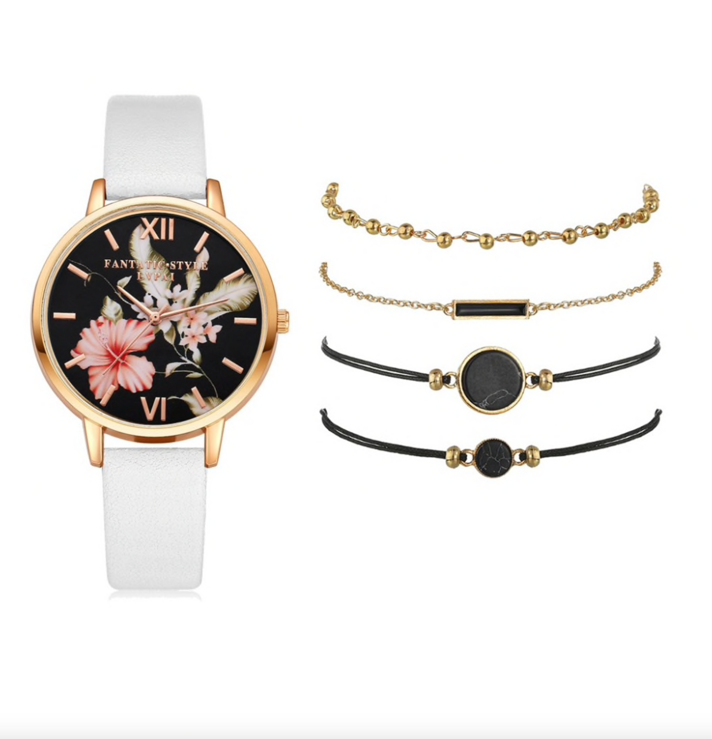 White Floral Modern Watch With Black Marbled Accents Bracelet Set