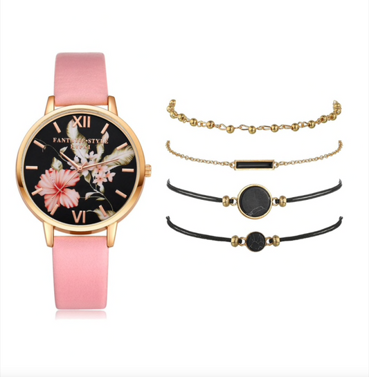 Pastel Pink Floral Modern Watch With Black Marbled Accents Bracelet Set