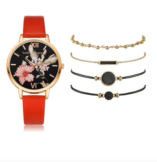 Ruby Red Floral Modern Watch With Black Marbled Accents Bracelet Set