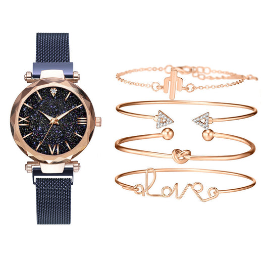 Navy Rose Goldtone Bezelled-edge Sparke Watch Bracelet Set