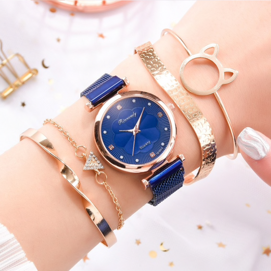 Blue Crystal Goldtone Cat Bracelet And Watch Set