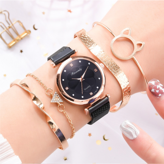 Black Rose Goldtone Crystal Watch And Bracelet Set