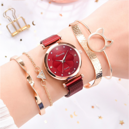 Red Rose Goldtone Crystal Watch And Bracelet Set