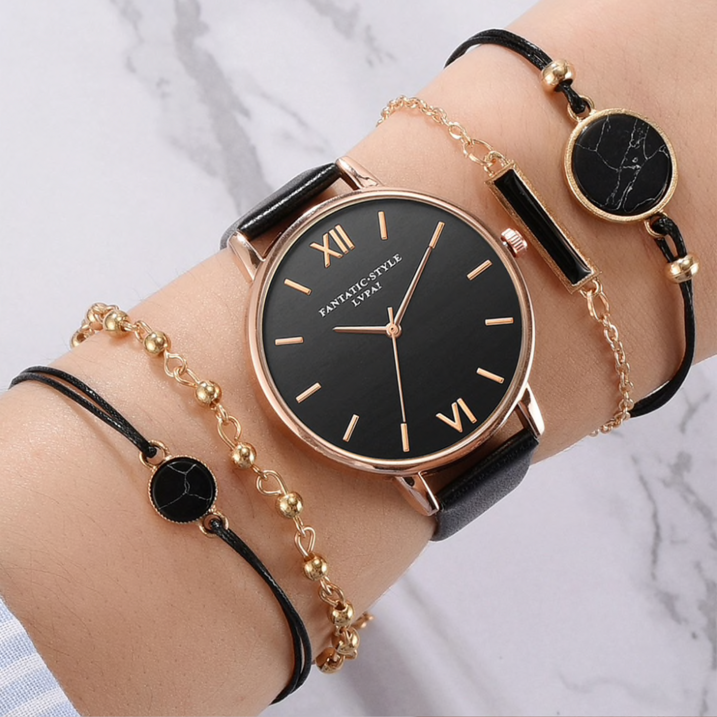 Black Goldtone Fashion Watch And Bracelet Set