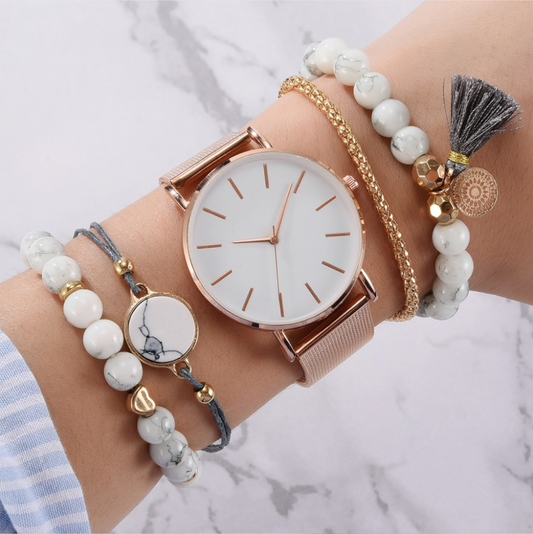 Rose Goldtone White Marbled Bracelet And Watch Set