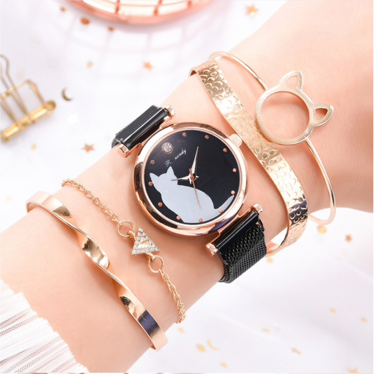 Black Crystal Goldtone Cat Bracelet And Watch Set