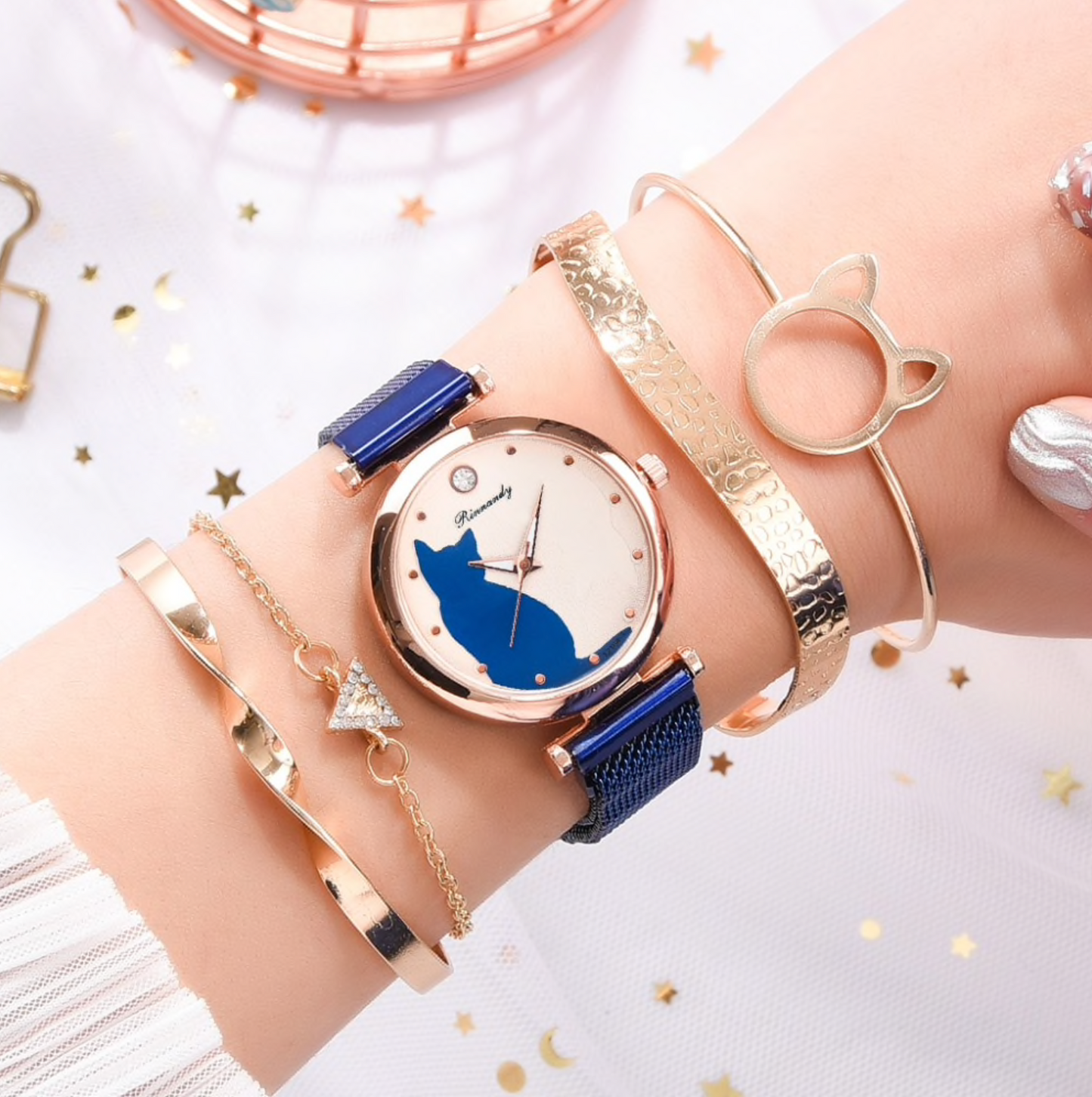 Blue Rose Goldtone Cat Watch Bracelet Set