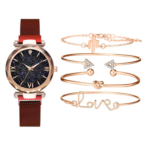 Dark Red Crystal Rose Goldtone Love Cactus Bracelet Watch And Cuff Set