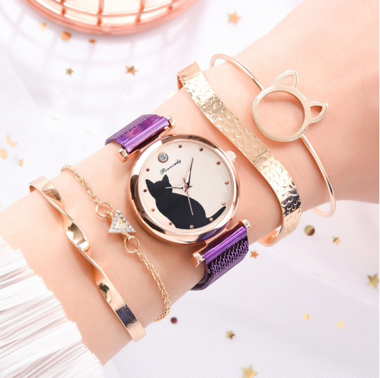 Purple Crystal Goldtone Cat Bracelet And Watch Set