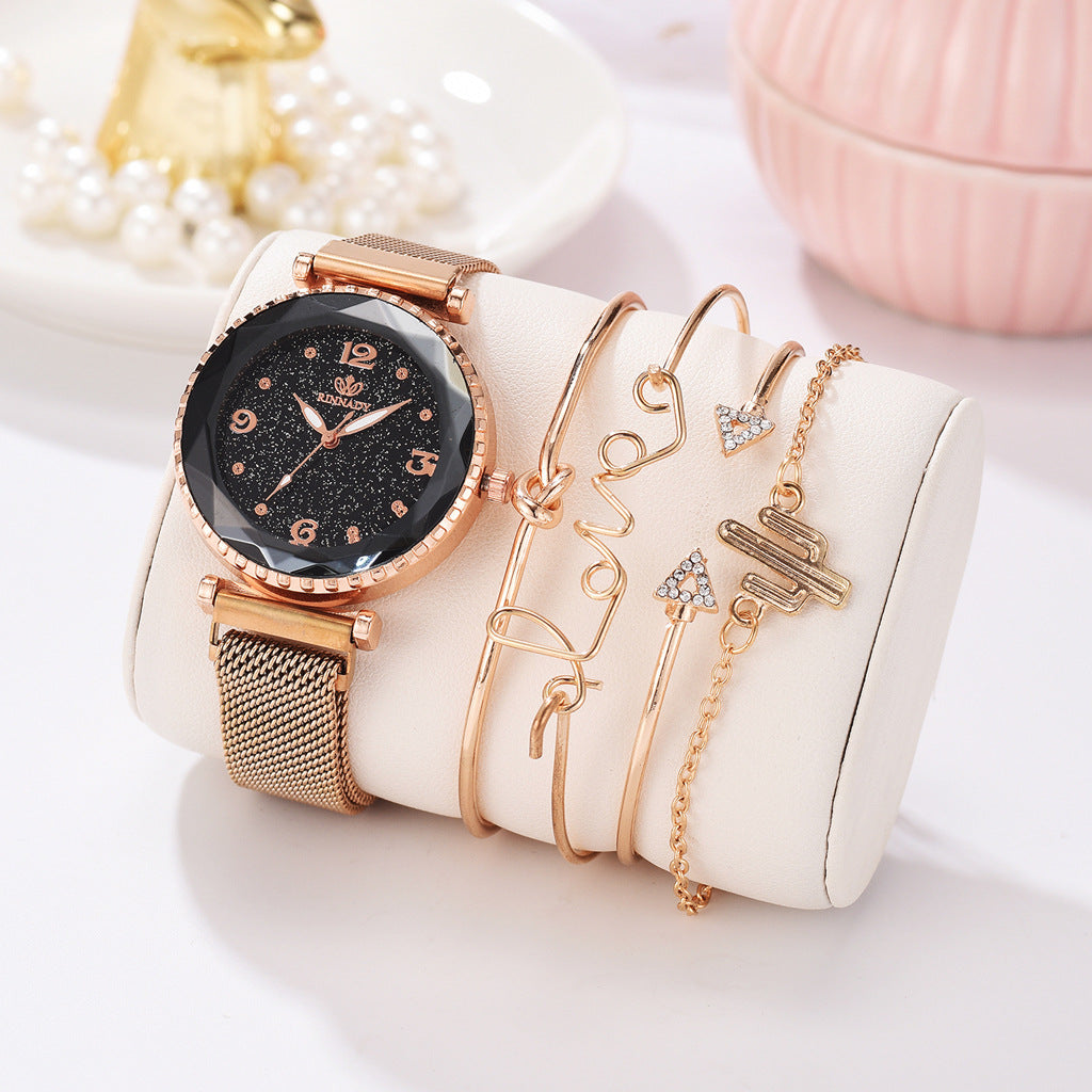 Black Goldtone Glitter Mesh-strap Watch And Desert Bracelet Set