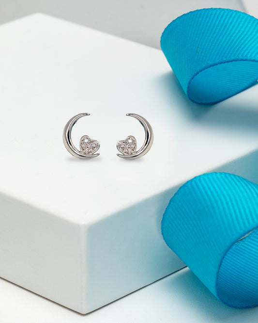 Silvertone Clear Swarovski Crystal Crescent Moon Heart Stud Earrings