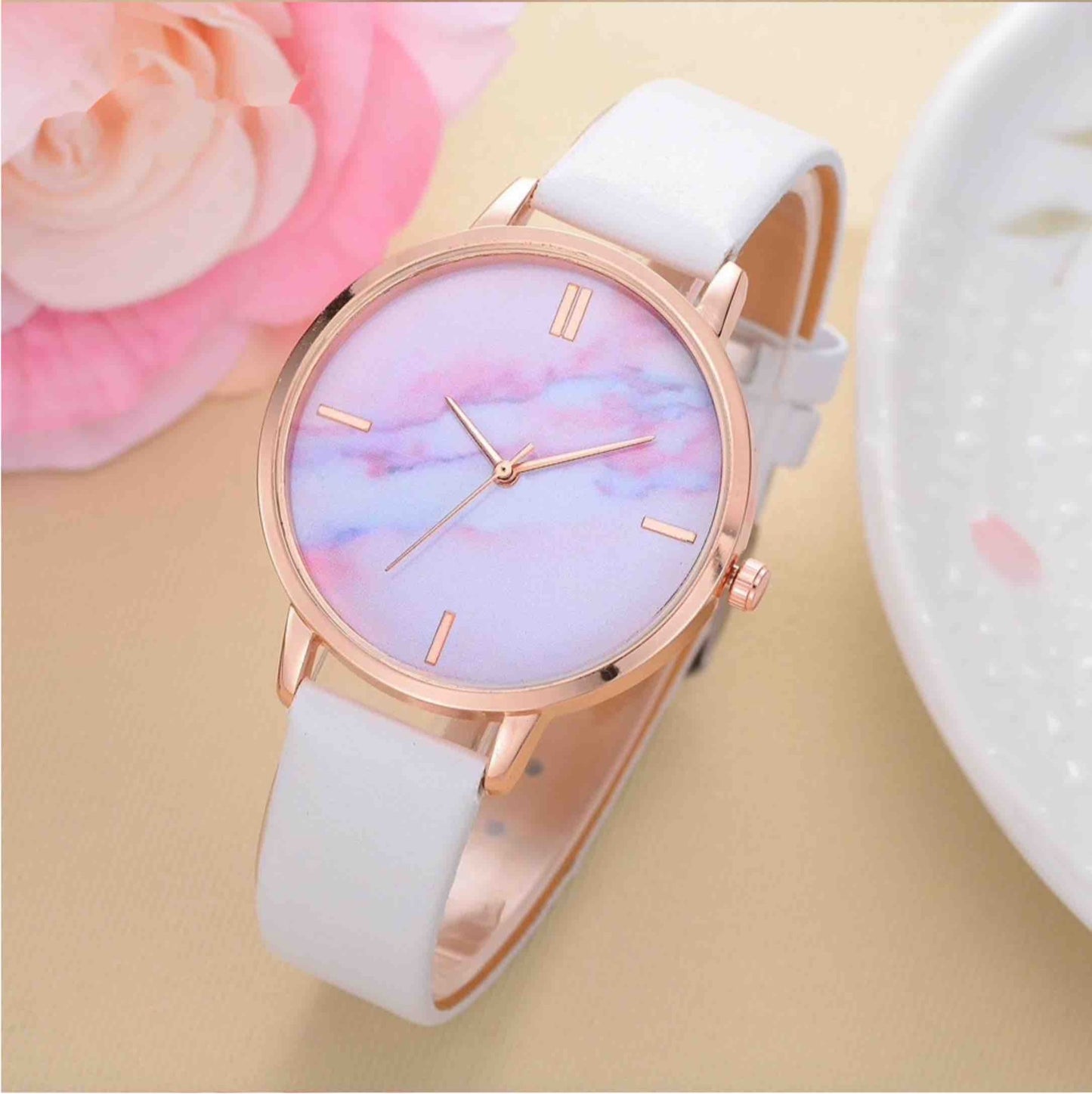Pink White Rose Goldtone Marbled Watch