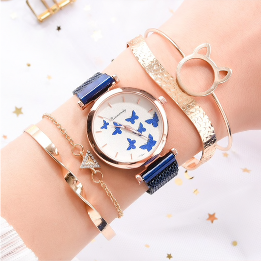 Blue Rose Goldtone Butterfly Mesh-strap Watch Bracelet Set