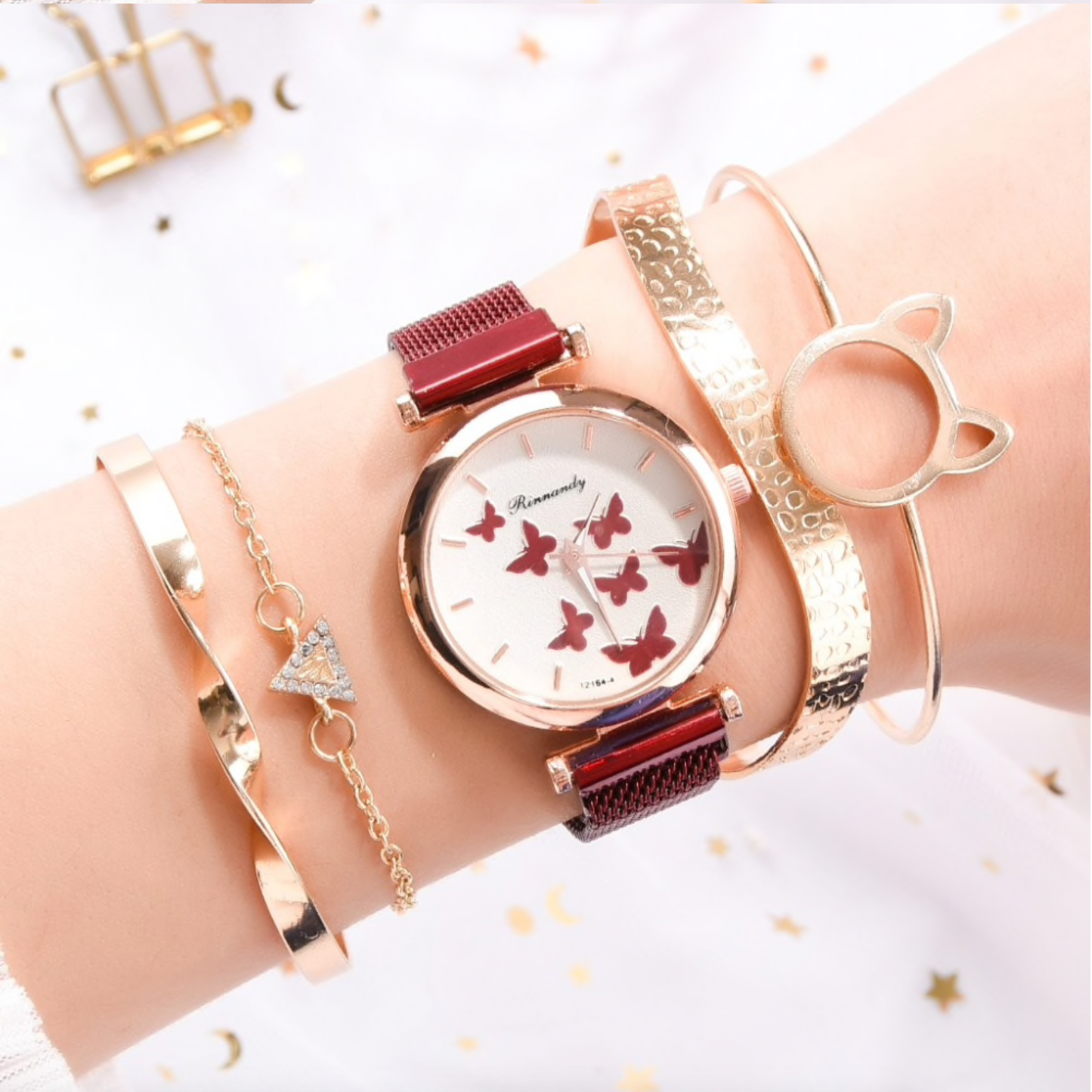 Red Rose Goldtone Butterfly Mesh-strap Watch Bracelet Set