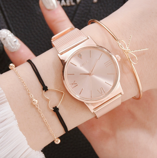 Rose Goldtone Watch Bracelet Set With Bow And Heart
