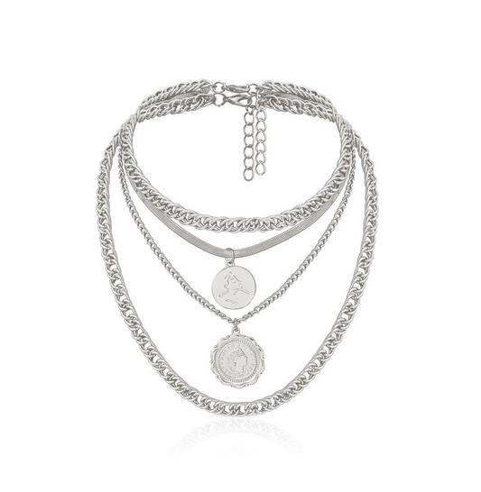 Silvertone Chunky Medallion Layered Necklace