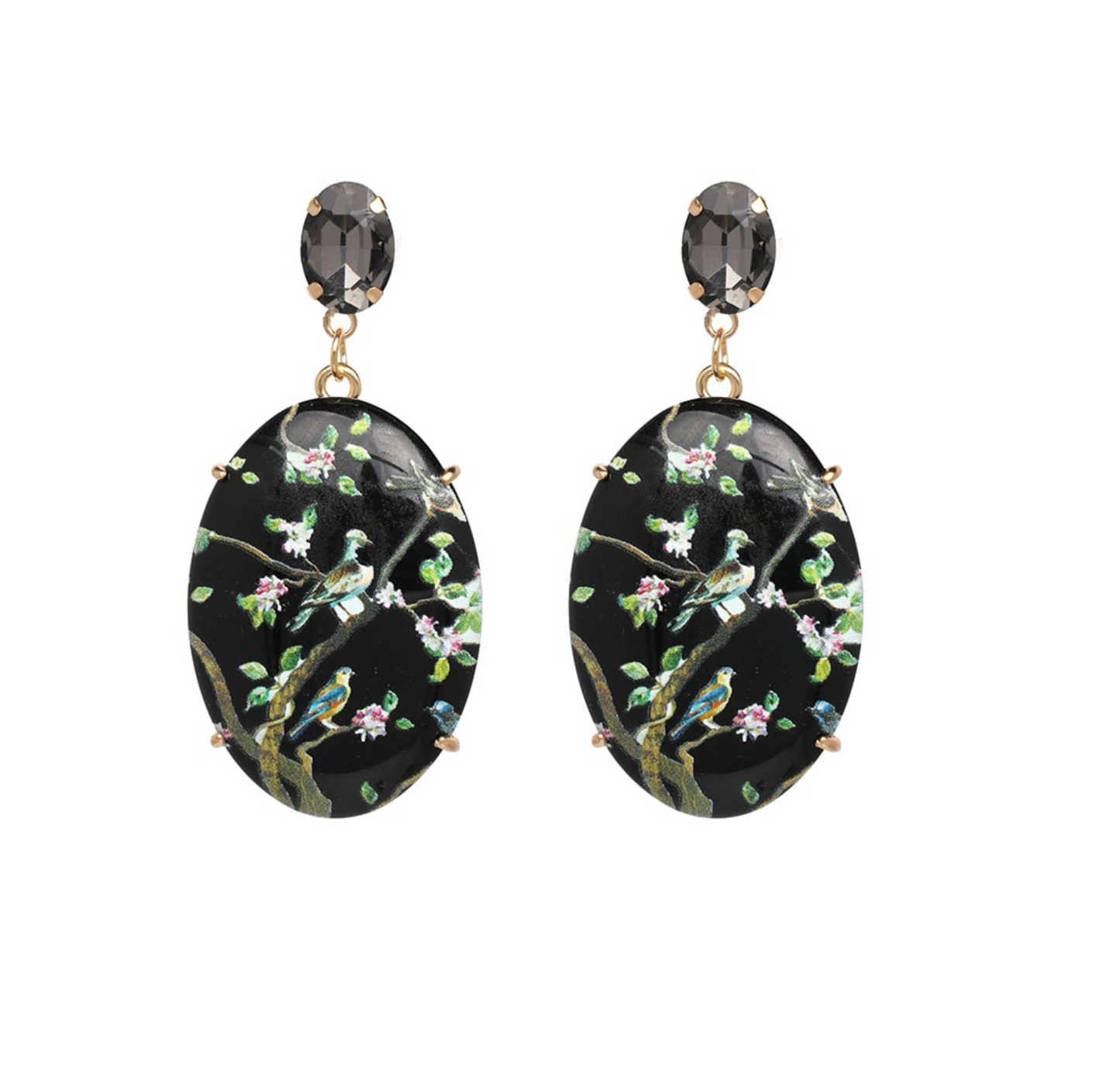 Black Oval Birds On Floral Branches Drop Earrings