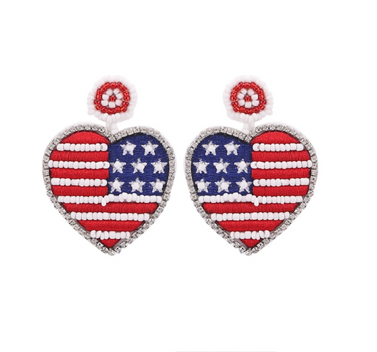 American Flag Beaded Heart Drop Earrings