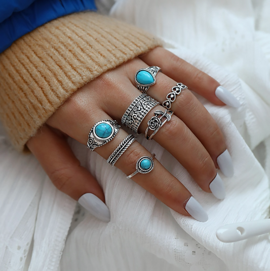 Silvertone Blue Boho Midi Ring Set