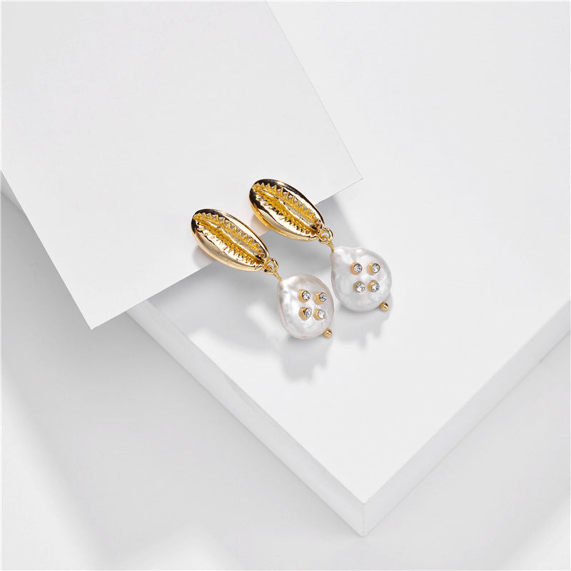 Gold Shell & Crystal Freshwater Pearl Drop Earrings