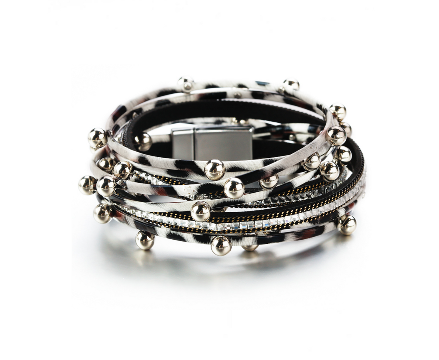 Black White Cheetah Silver Ball Faux Leather Multi-strand Bracelet