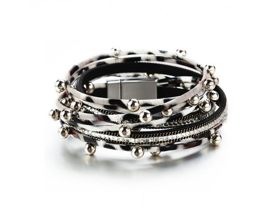 Black White Cheetah Silver Ball Faux Leather Multi-strand Bracelet