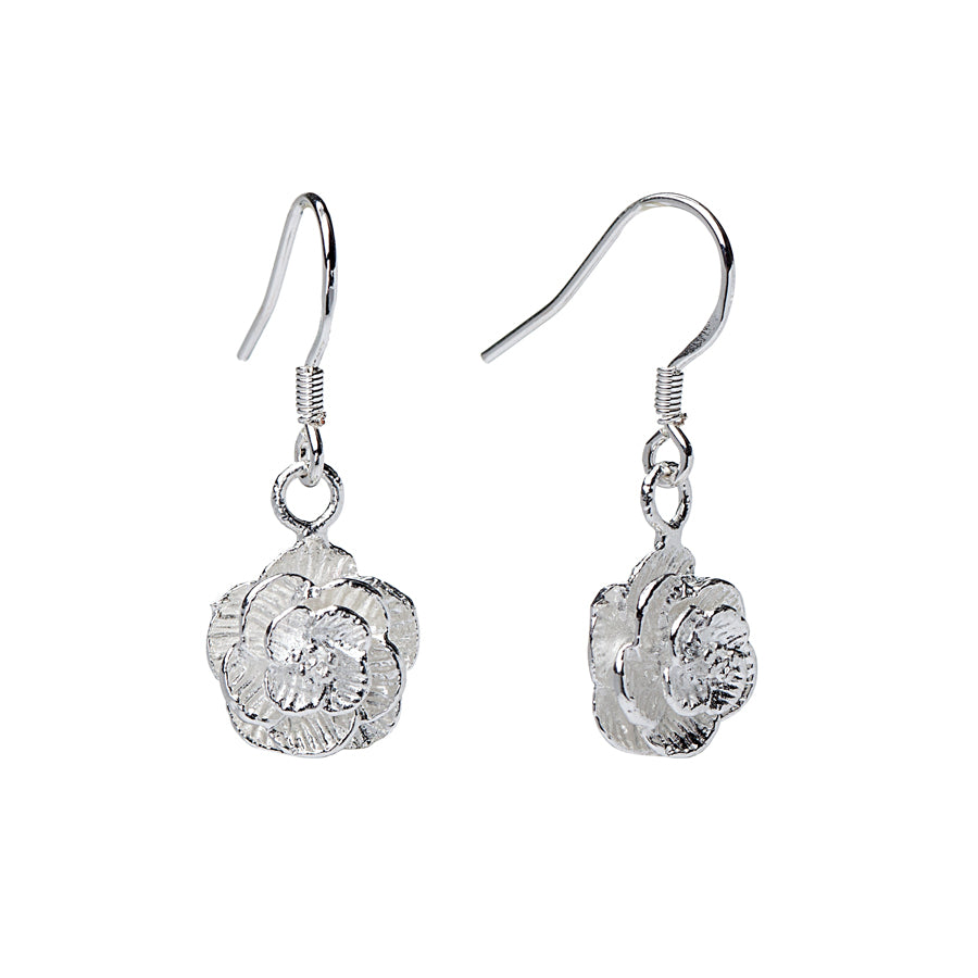 Silver-tone rose flower drop earrings with hook fastenings