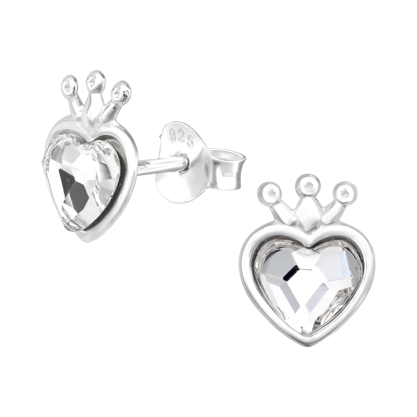 Sterling Silver Clear Cubic Zirconia Heart Crown Stud Earrings