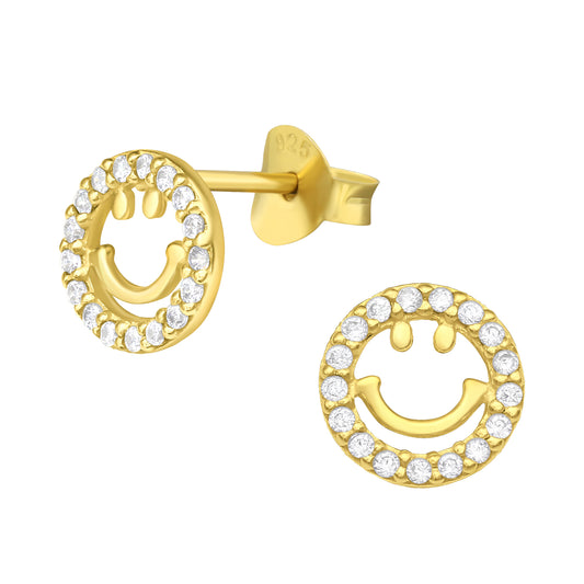 Goldtone Plated Sterling Silver Cubic Zirconia Happy Face Stud Earrings