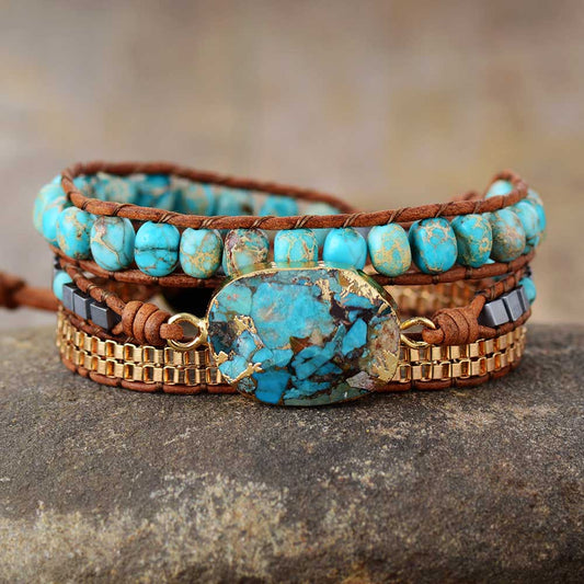 Turquoise Jasper Leather Stone Wrap Bracelet