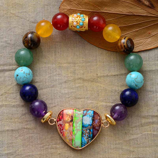 Multi Colored Gemstone Beaded Bracelet With Heart