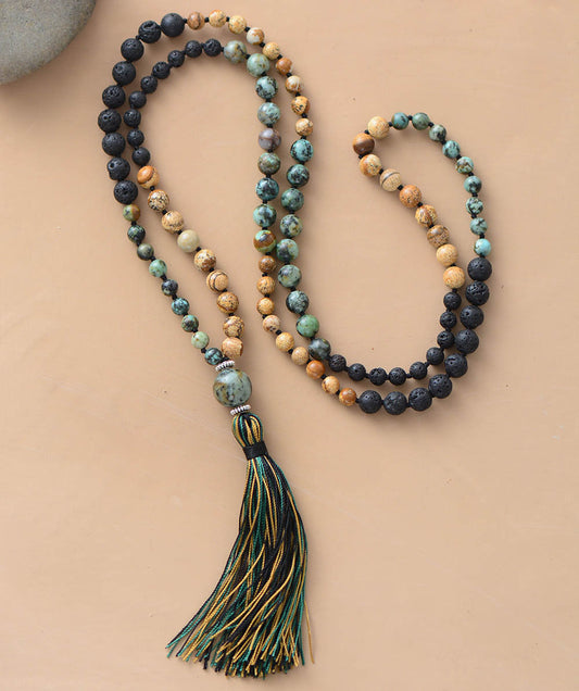 Jasper Lava Bead Stone Long Necklace With Tassel