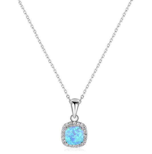 Sterling Silver Blue Opal Square Halo Pendant Necklace